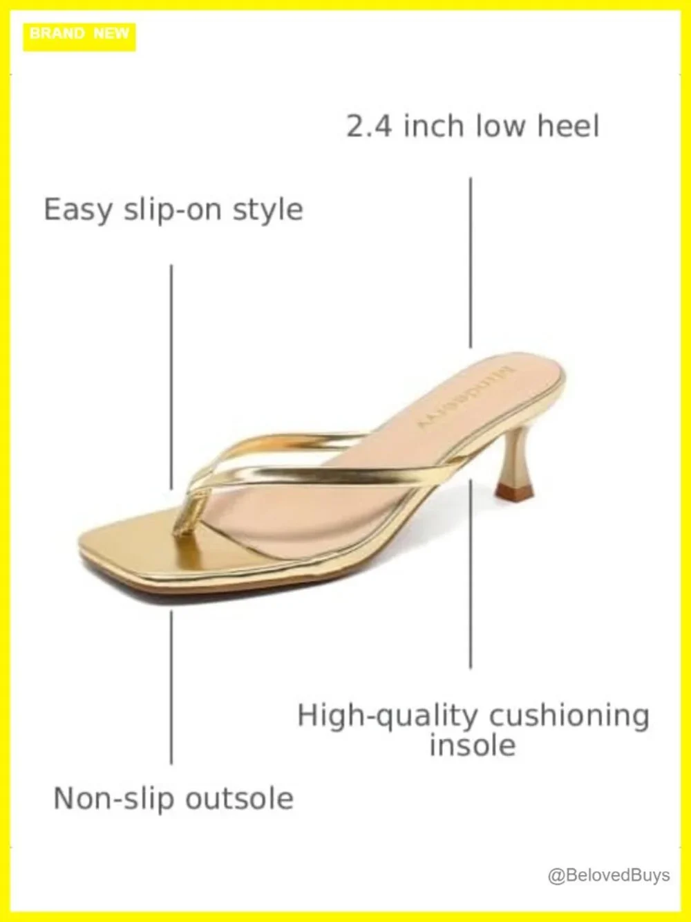 Kitten Heels Square Toe Thong Sandals Flip Flops Faux Leather Non-Slip 2.4